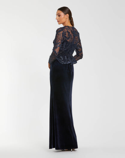 Mac Duggal Navy Embellished Peplum Gown With Velvet Skirt