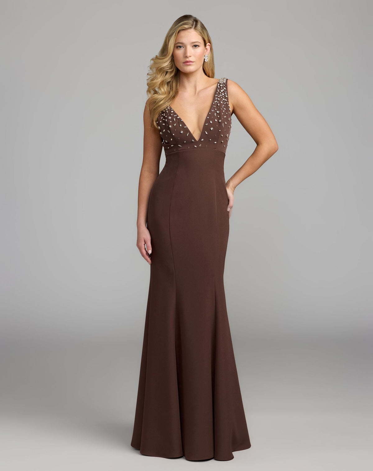 Mac Duggal Brown Embellished V-Neck Crepe Mermaid Gown