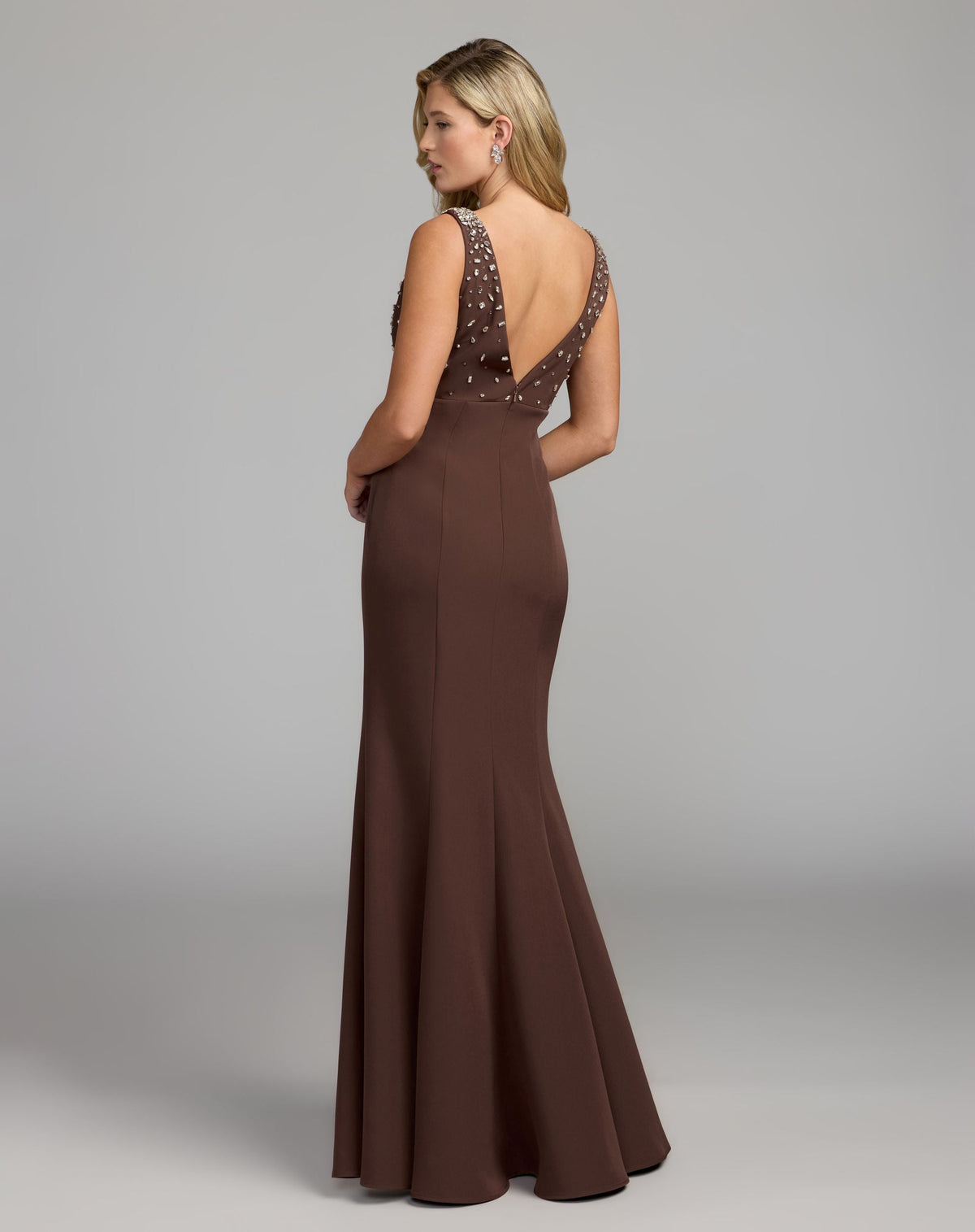 Mac Duggal Brown Embellished V-Neck Crepe Mermaid Gown