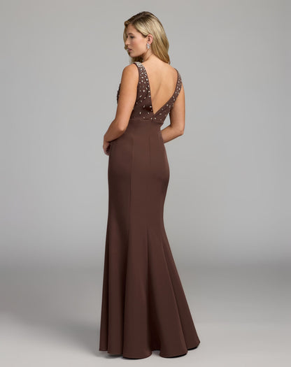 Mac Duggal Brown Embellished V-Neck Crepe Mermaid Gown