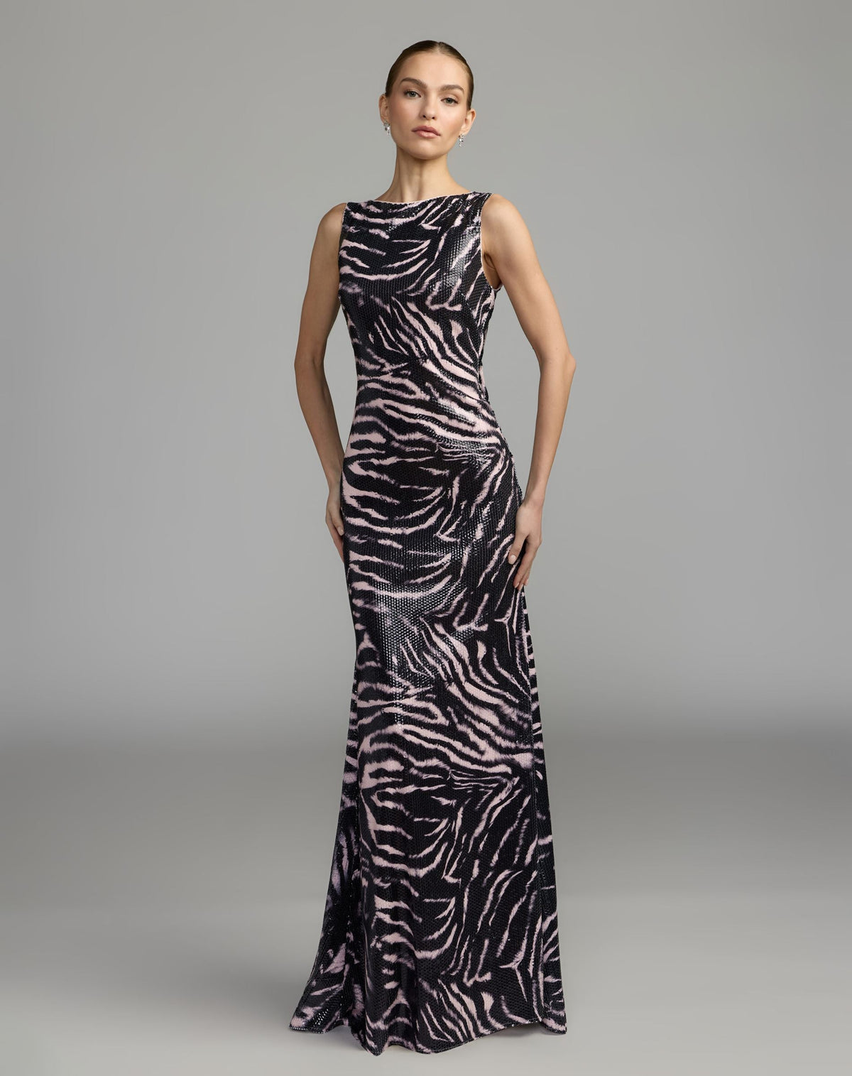 Mac Duggal Black Multi Tiger Print Sequin Cowl-Back Gown