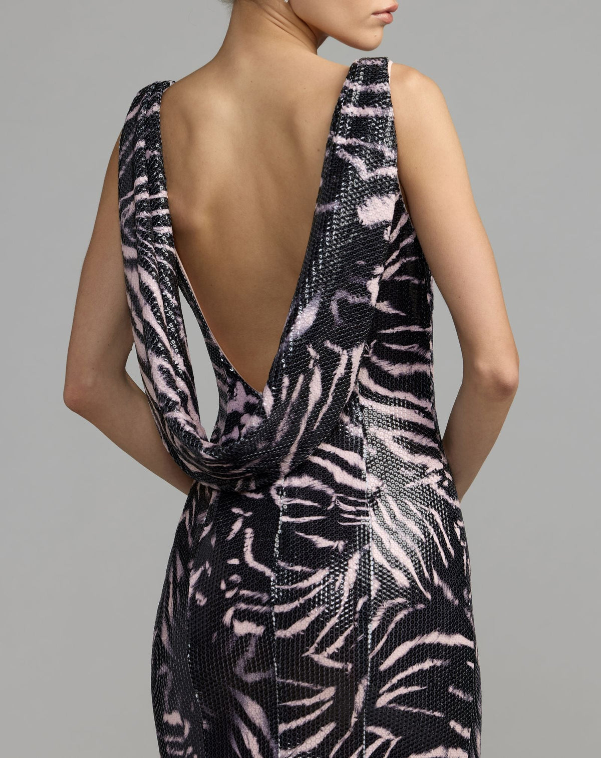 Mac Duggal Black Multi Tiger Print Sequin Cowl-Back Gown