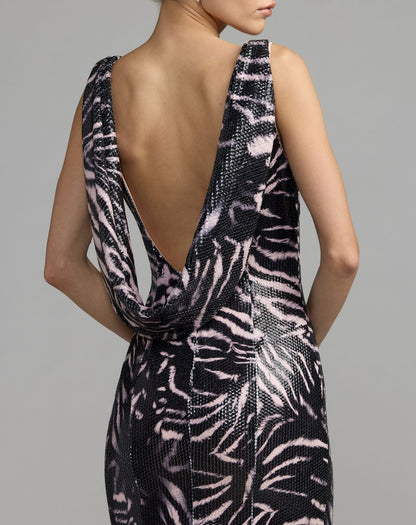 Mac Duggal Black Multi Tiger Print Sequin Cowl-Back Gown