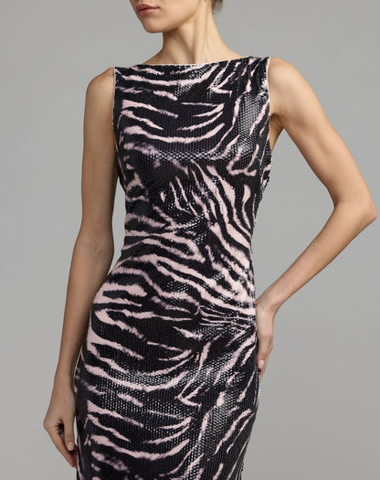 Mac Duggal Black Multi Tiger Print Sequin Cowl-Back Gown