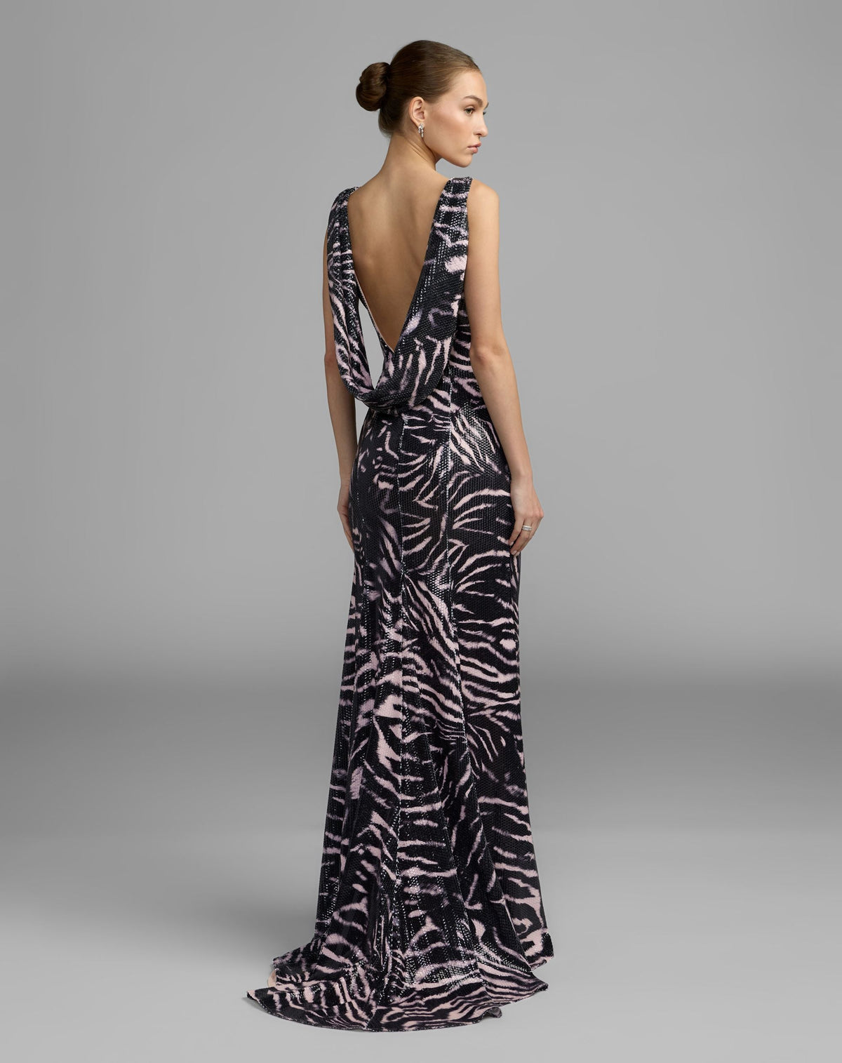 Mac Duggal Black Multi Tiger Print Sequin Cowl-Back Gown