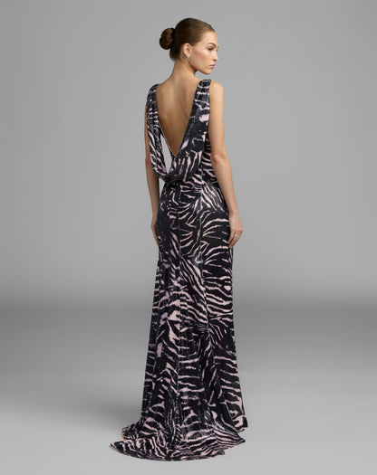 Mac Duggal Black Multi Tiger Print Sequin Cowl-Back Gown