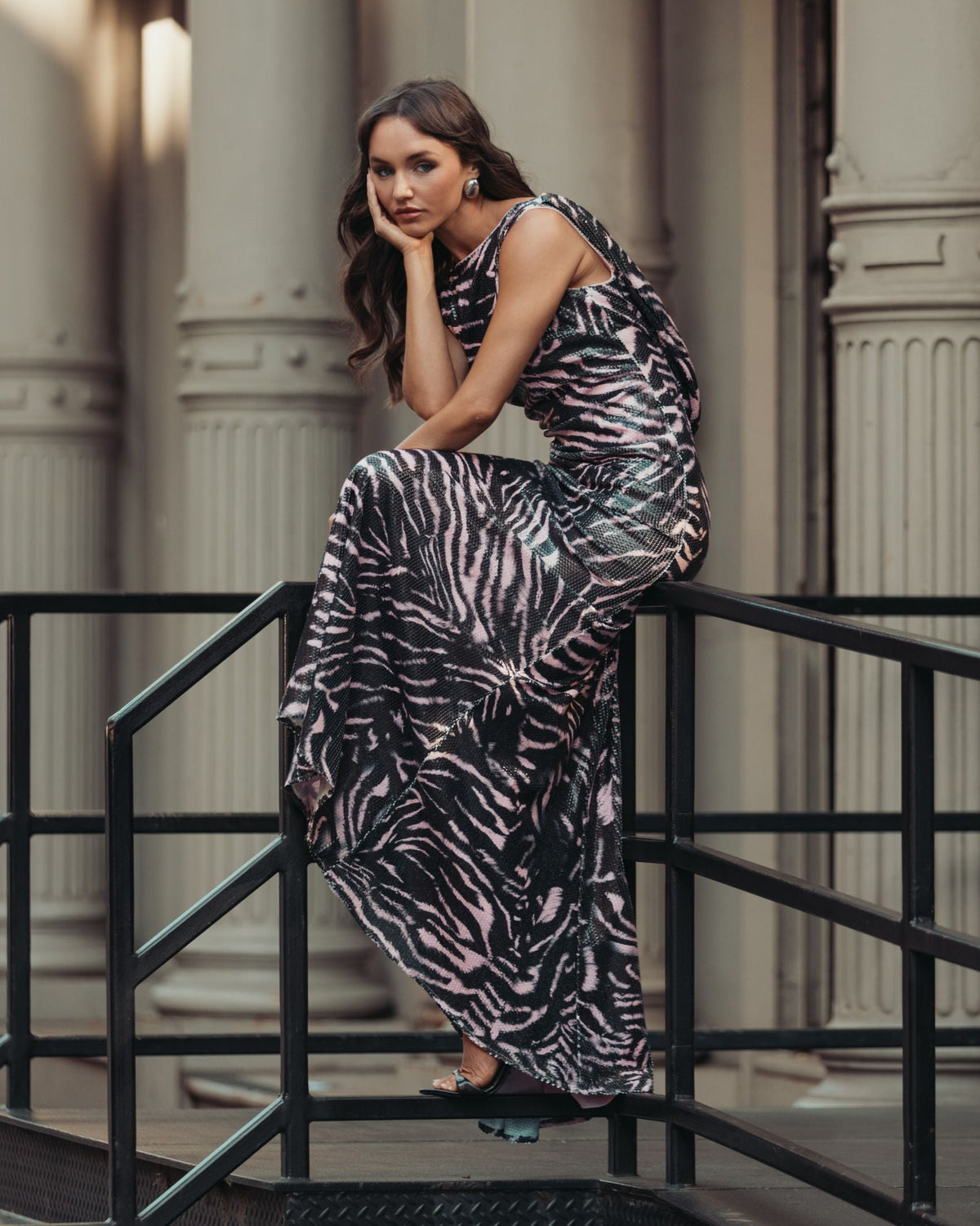 Mac Duggal Black Multi Tiger Print Sequin Cowl-Back Gown