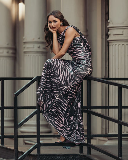 Mac Duggal Black Multi Tiger Print Sequin Cowl-Back Gown