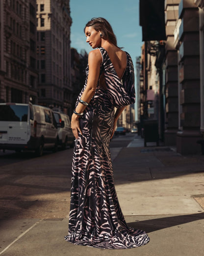 Mac Duggal Black Multi Tiger Print Sequin Cowl-Back Gown
