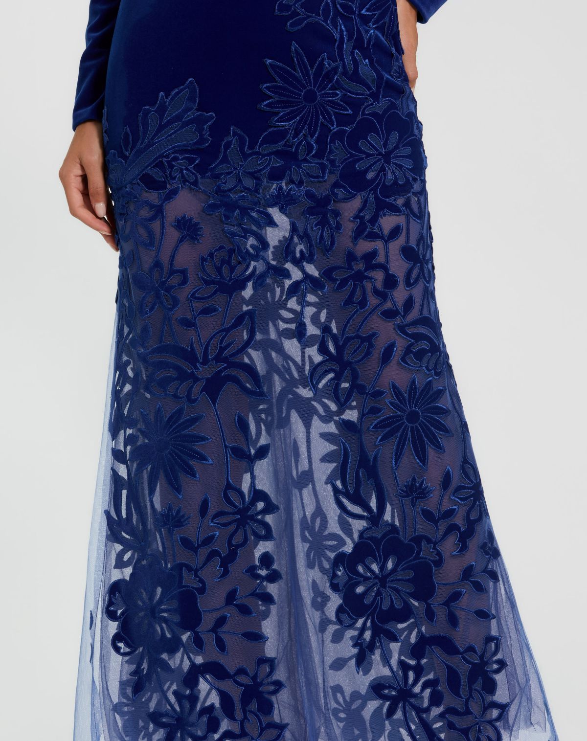 Mac Duggal Blue Long Sleeve Sheer Floral Embroidered Velvet Dress