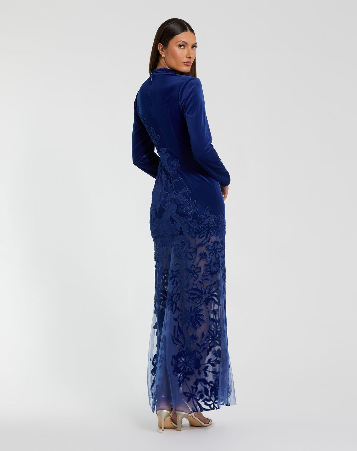 Mac Duggal Blue Long Sleeve Sheer Floral Embroidered Velvet Dress