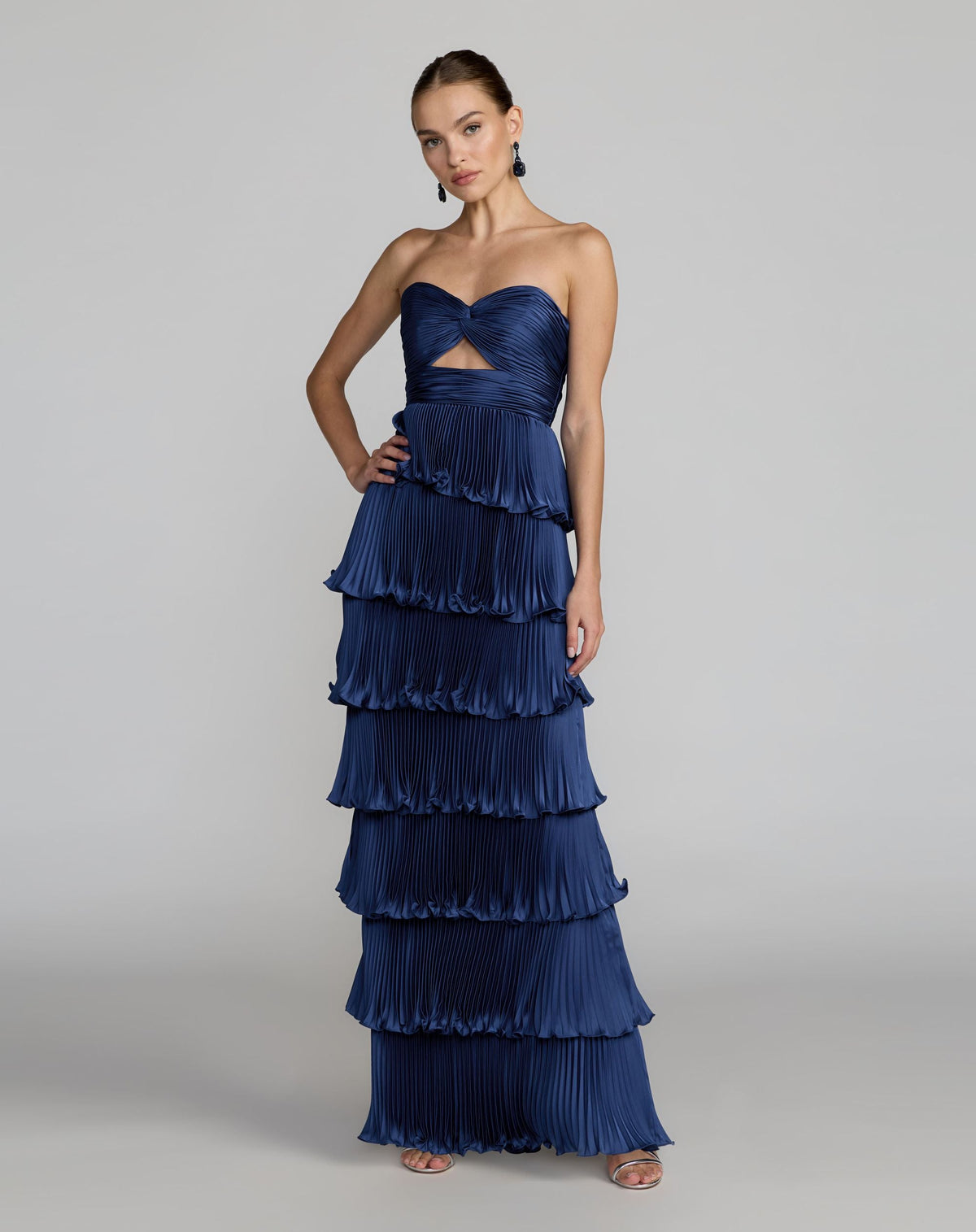 Mac Duggal Navy Strapless Pleated Charmeuse Tiered Ruffle Gown