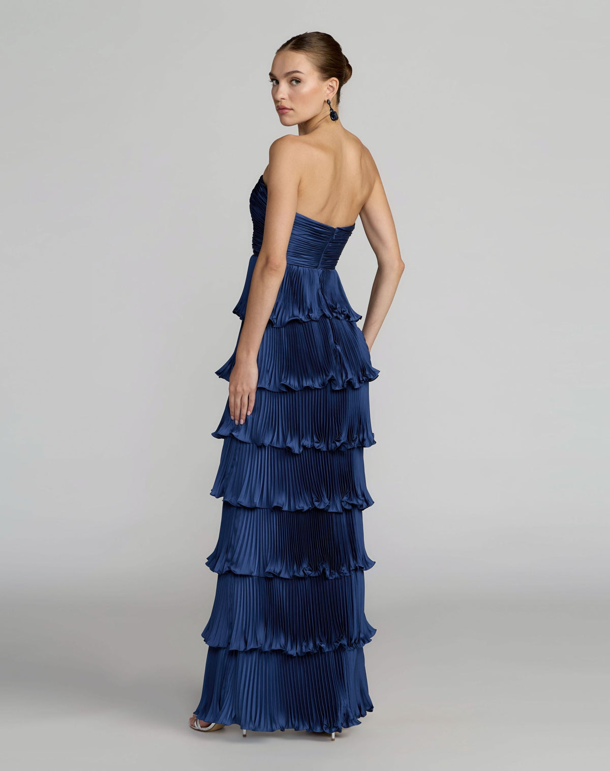 Mac Duggal Navy Strapless Pleated Charmeuse Tiered Ruffle Gown