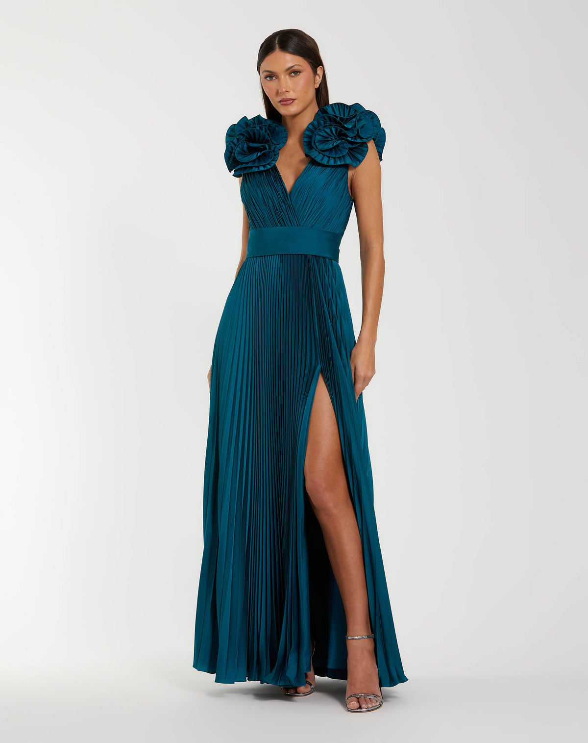Mac Duggal Blue Ruffle Shoulder Pleated Charmeuse Gown With Slit