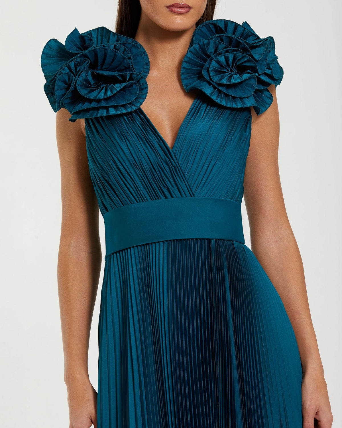 Mac Duggal Blue Ruffle Shoulder Pleated Charmeuse Gown With Slit