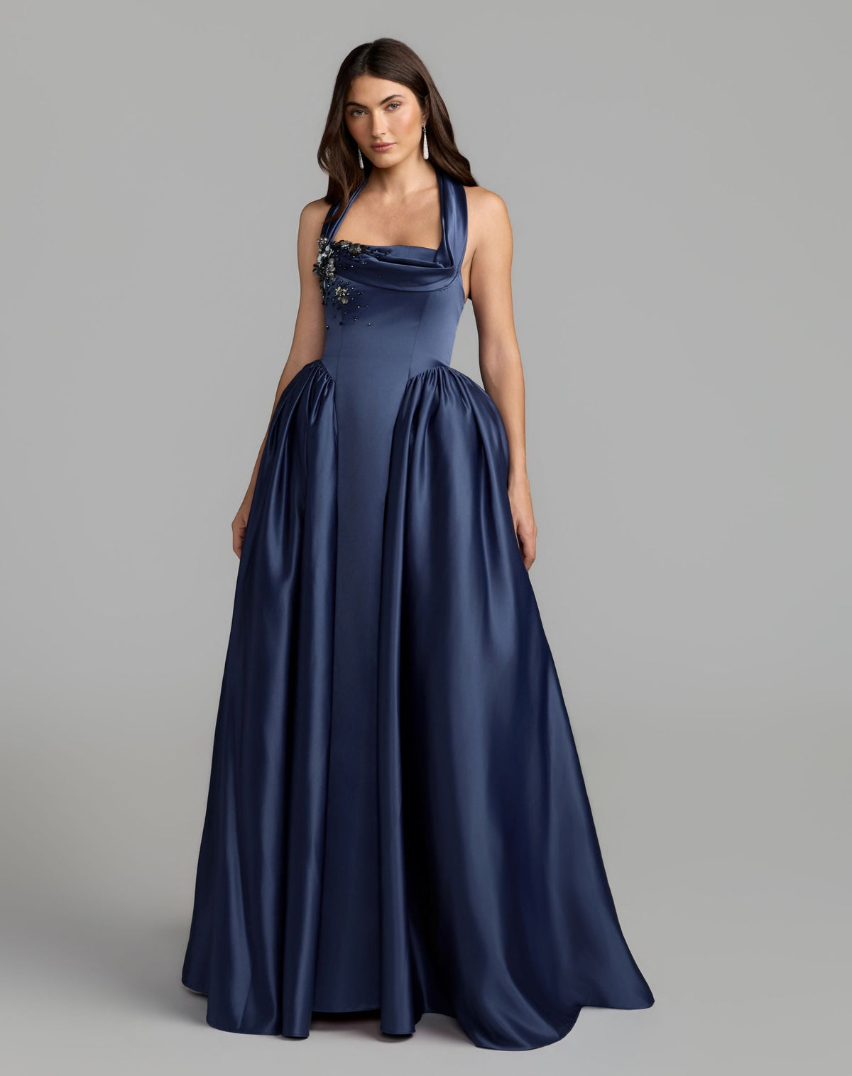 Mac Duggal Blue Sleeveless Open Back Satin Ball Gown
