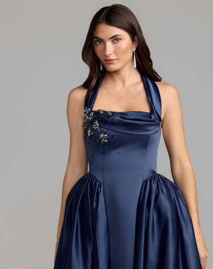 Mac Duggal Blue Sleeveless Open Back Satin Ball Gown