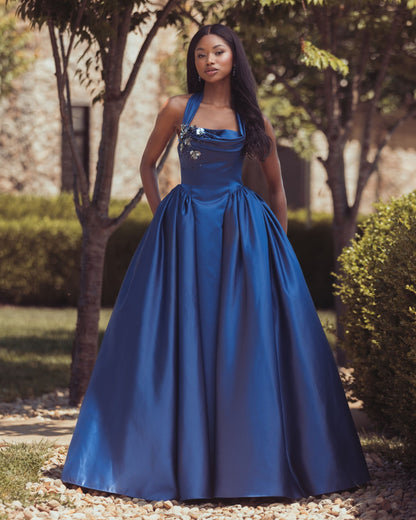 Mac Duggal Blue Sleeveless Open Back Satin Ball Gown