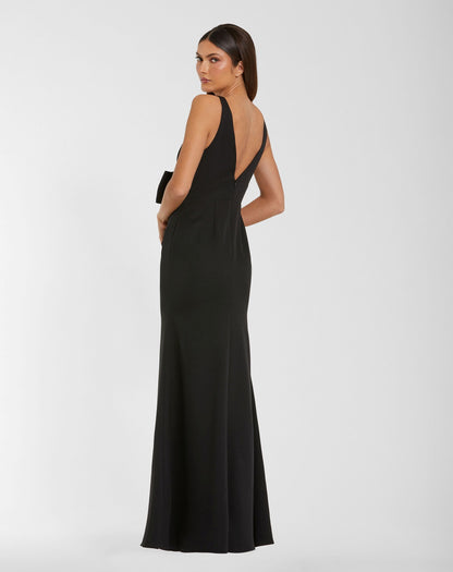 Mac Duggal Black Sleeveless V-Neck Crepe Gown with Bow