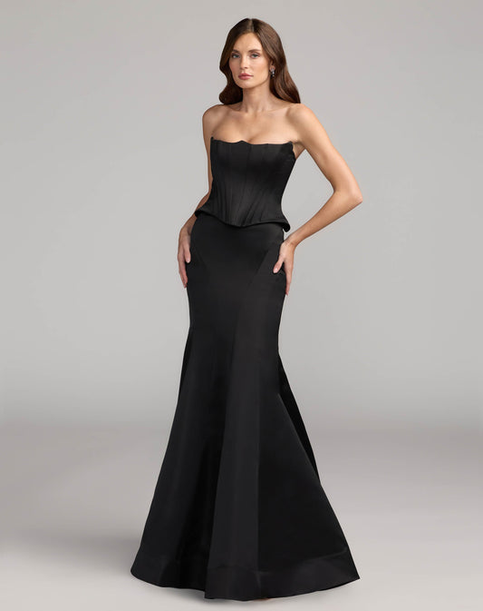 Mac Duggal Black Strapless Satin Corset Peplum Gown