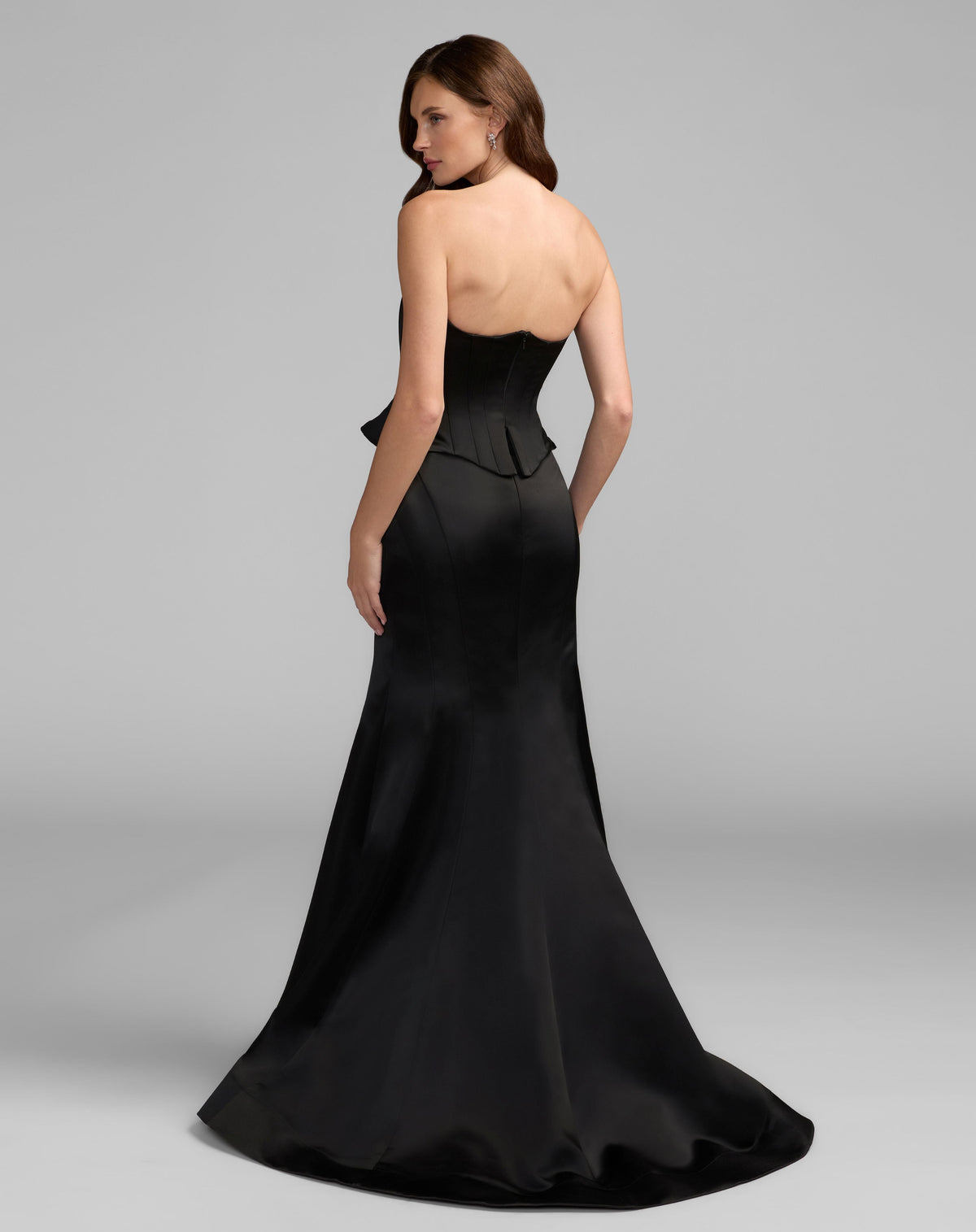 Mac Duggal Black Strapless Satin Corset Peplum Gown