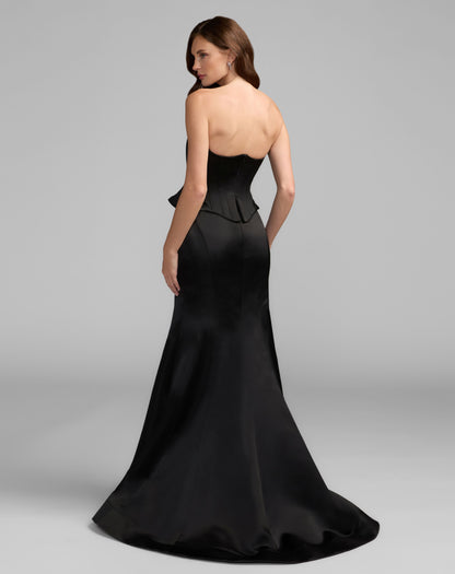 Mac Duggal Black Strapless Satin Corset Peplum Gown