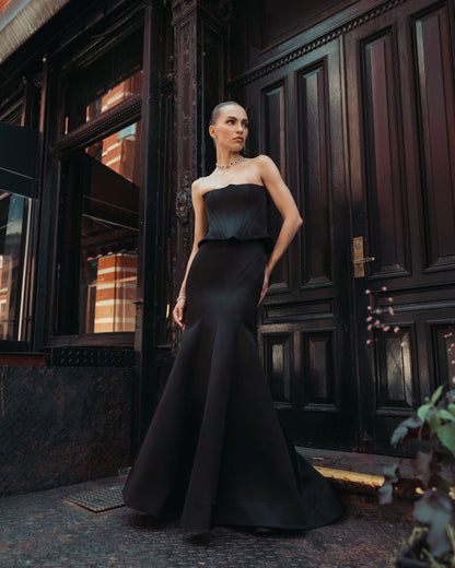 Mac Duggal Black Strapless Satin Corset Peplum Gown