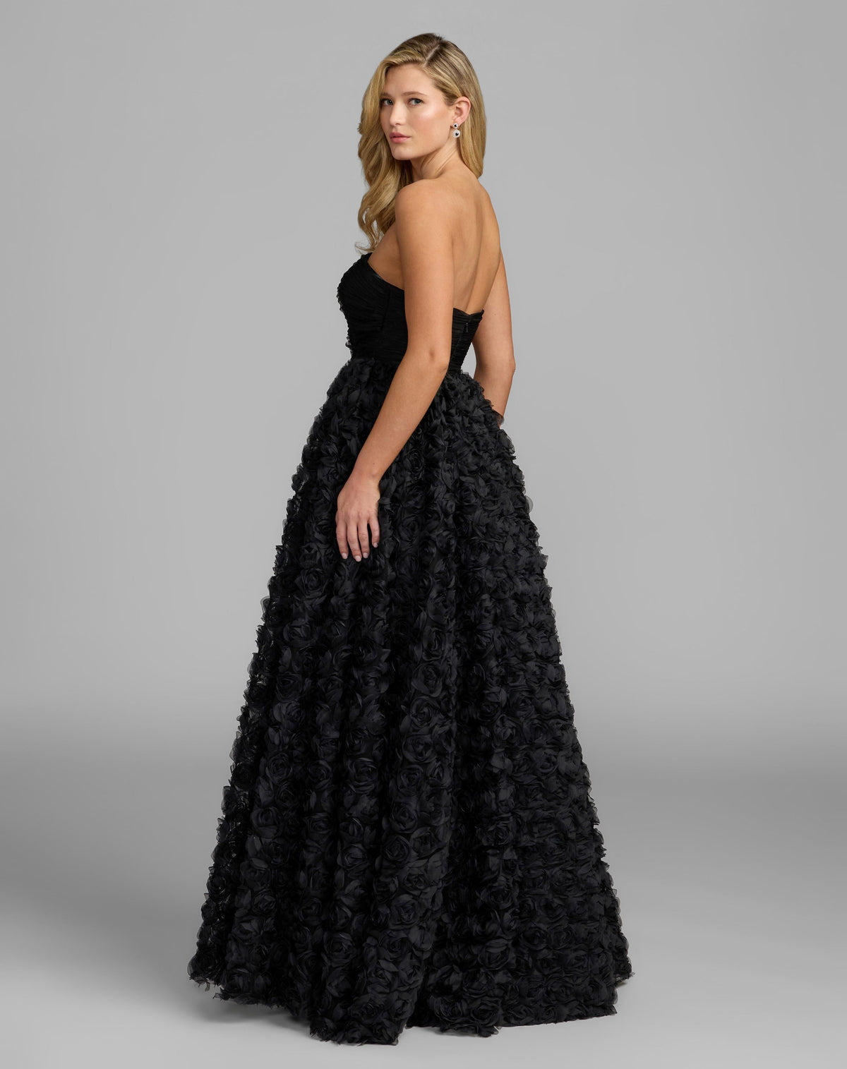 Mac Duggal Black Strapless 3D Rosette Ball Gown