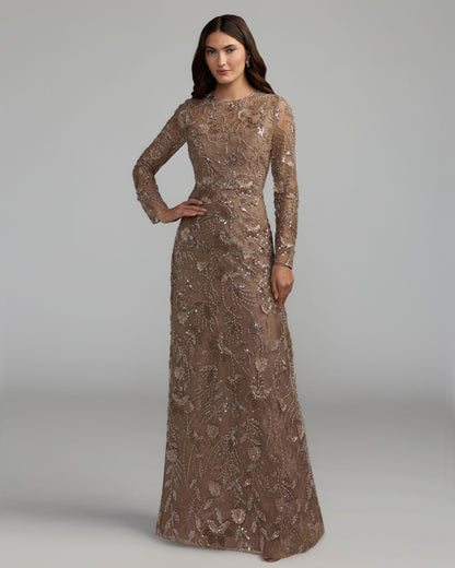 Mac Duggal Brown Long Sleeve Floral Embellished Lace Gown