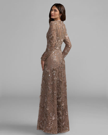Mac Duggal Brown Long Sleeve Floral Embellished Lace Gown