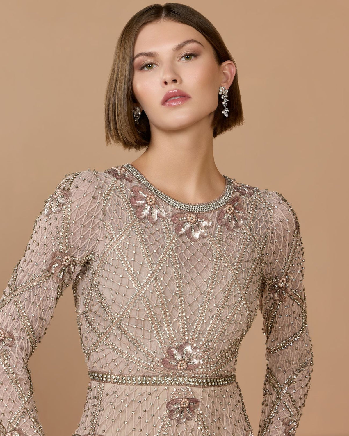 Mac Duggal Pink Rhinestone Embellished Long Sleeve A-Line Gown