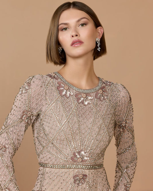 Mac Duggal Pink Rhinestone Embellished Long Sleeve A-Line Gown