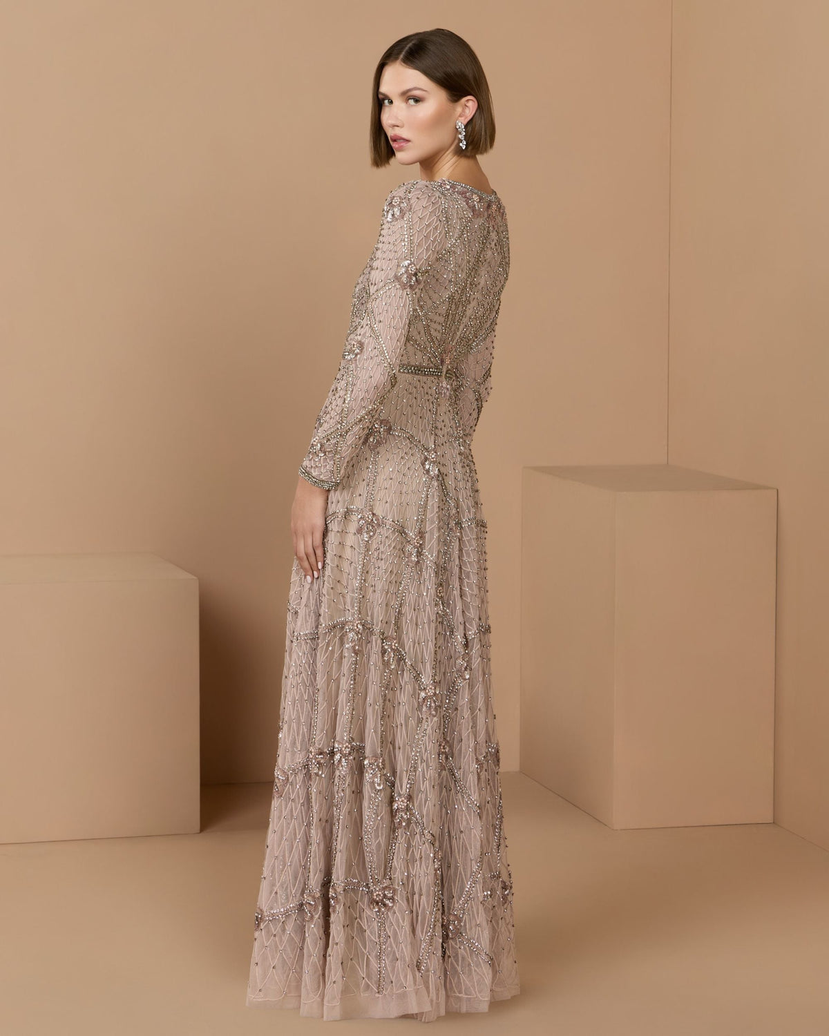 Mac Duggal Pink Rhinestone Embellished Long Sleeve A-Line Gown