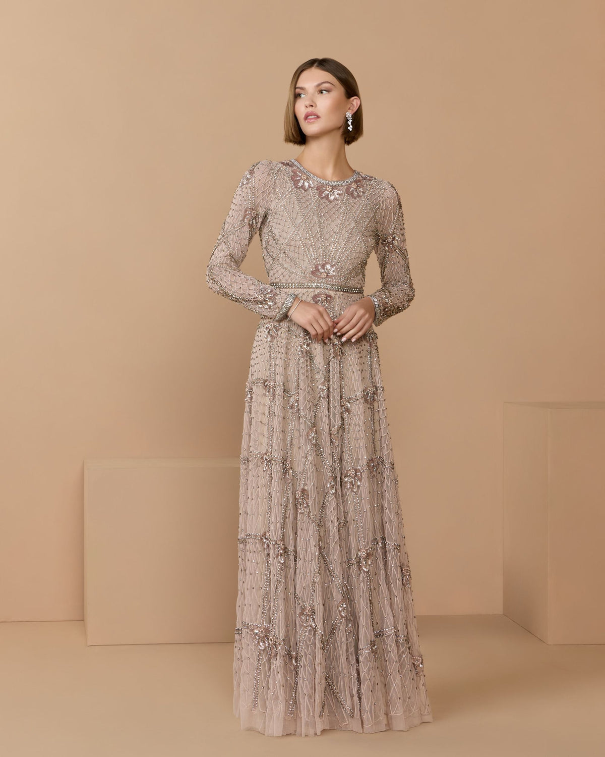 Mac Duggal Pink Rhinestone Embellished Long Sleeve A-Line Gown