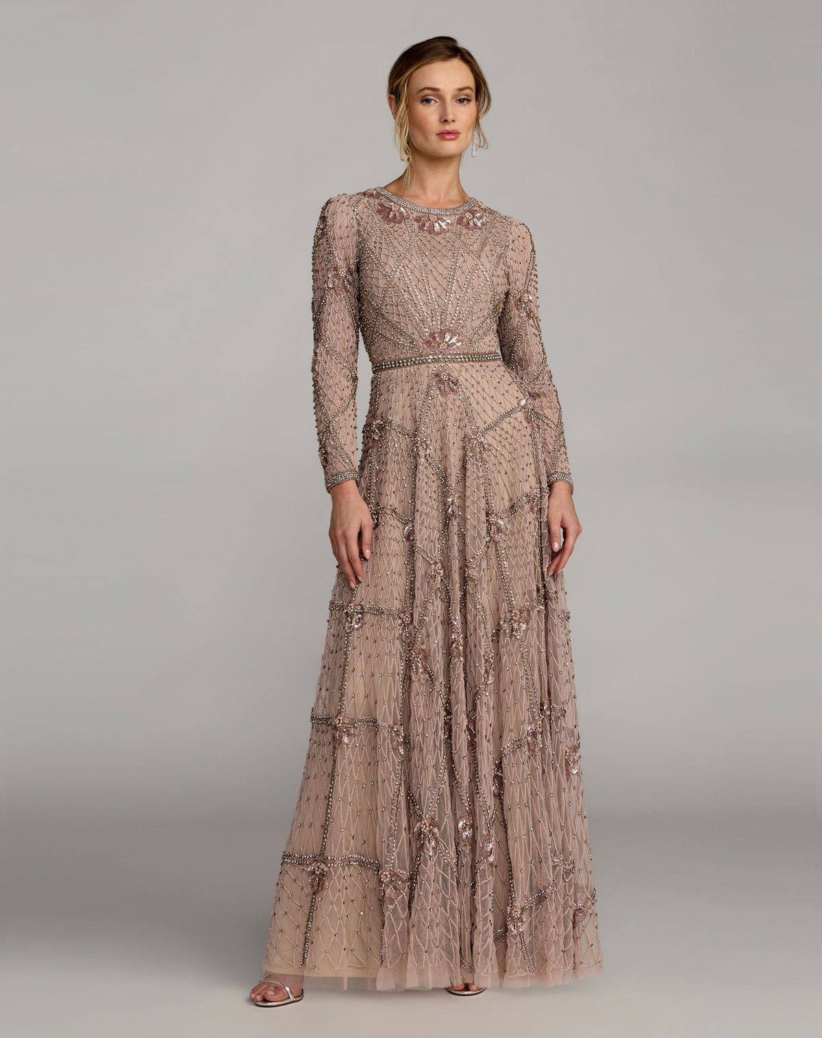 Mac Duggal Pink Rhinestone Embellished Long Sleeve A-Line Gown