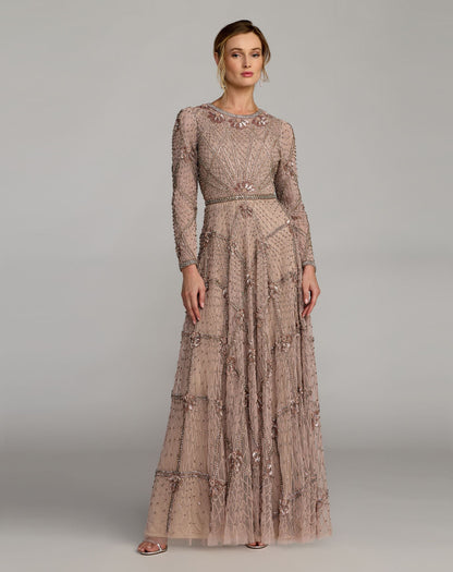 Mac Duggal Pink Rhinestone Embellished Long Sleeve A-Line Gown