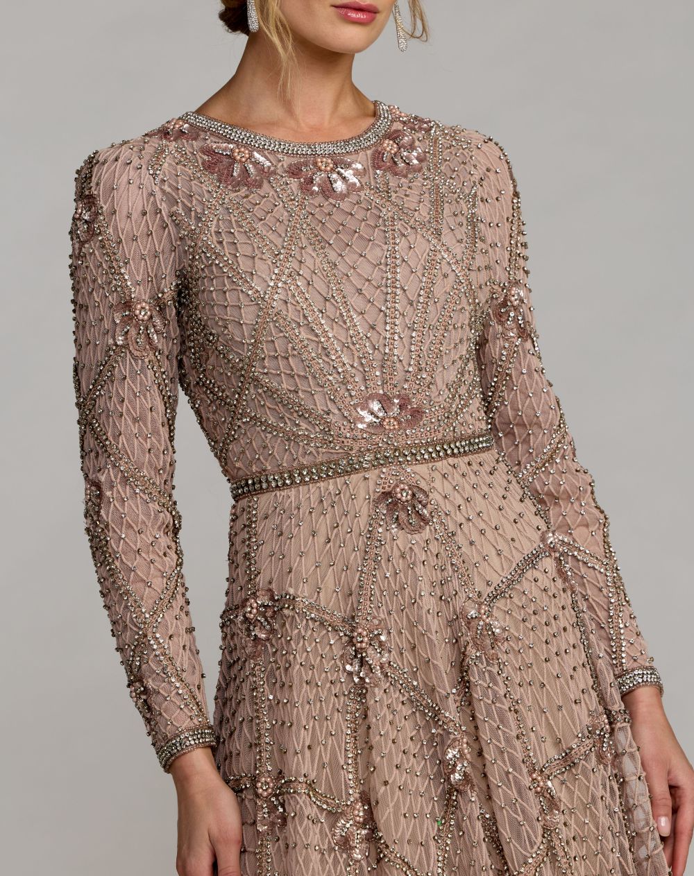 Mac Duggal Pink Rhinestone Embellished Long Sleeve A-Line Gown
