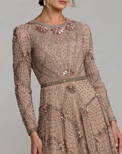Mac Duggal Pink Rhinestone Embellished Long Sleeve A-Line Gown