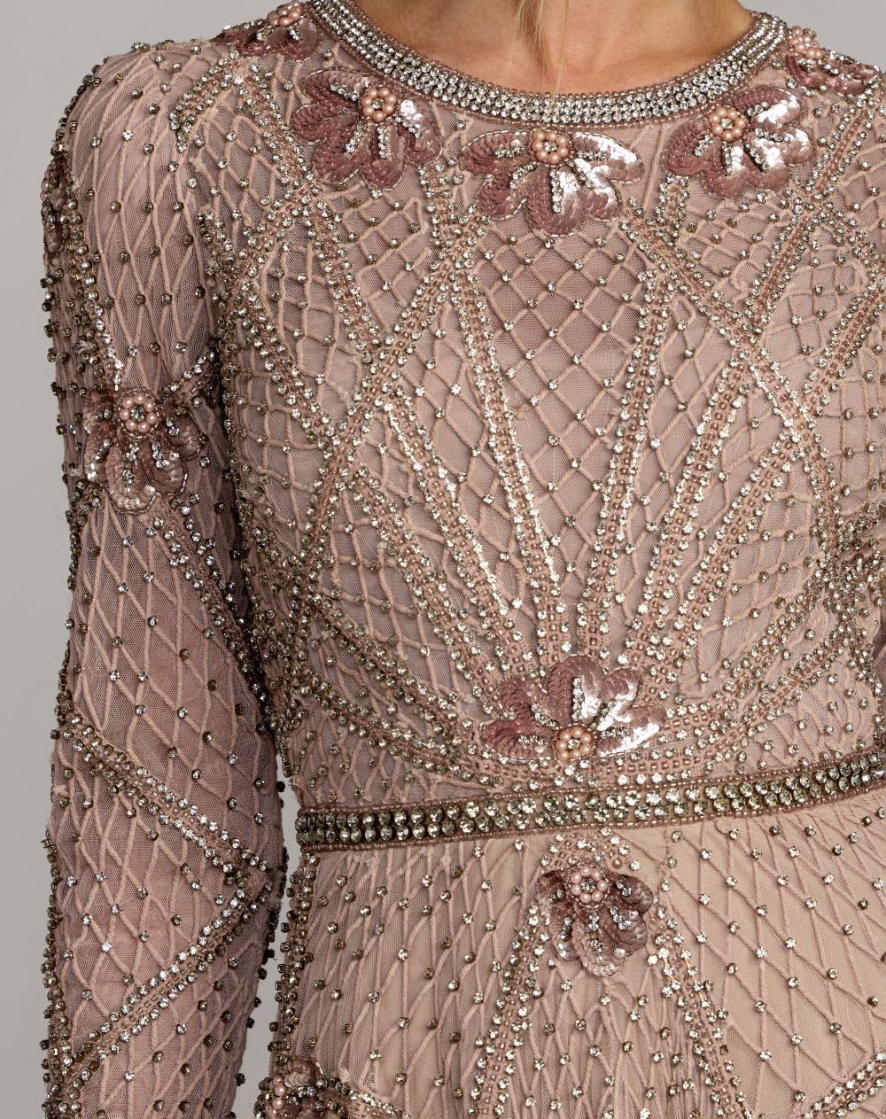 Mac Duggal Pink Rhinestone Embellished Long Sleeve A-Line Gown