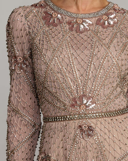 Mac Duggal Pink Rhinestone Embellished Long Sleeve A-Line Gown