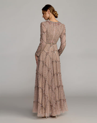 Mac Duggal Pink Rhinestone Embellished Long Sleeve A-Line Gown