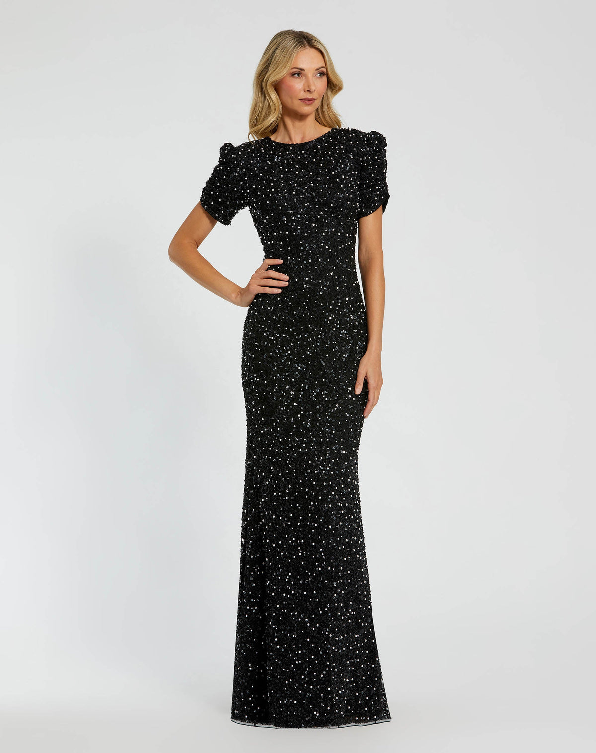 Mac Duggal Petite Black Gathered Short Sleeve Embellished Gown