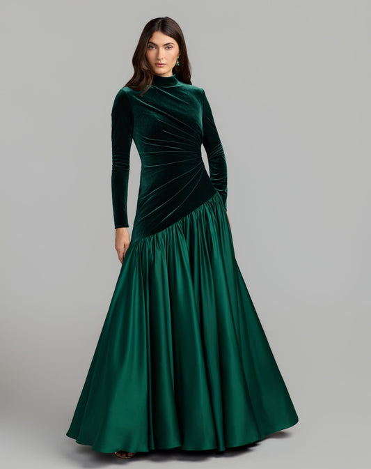 Mac Duggal Velvet Long Sleeve Mock Neck Charmeuse Skirt Gown Duggal