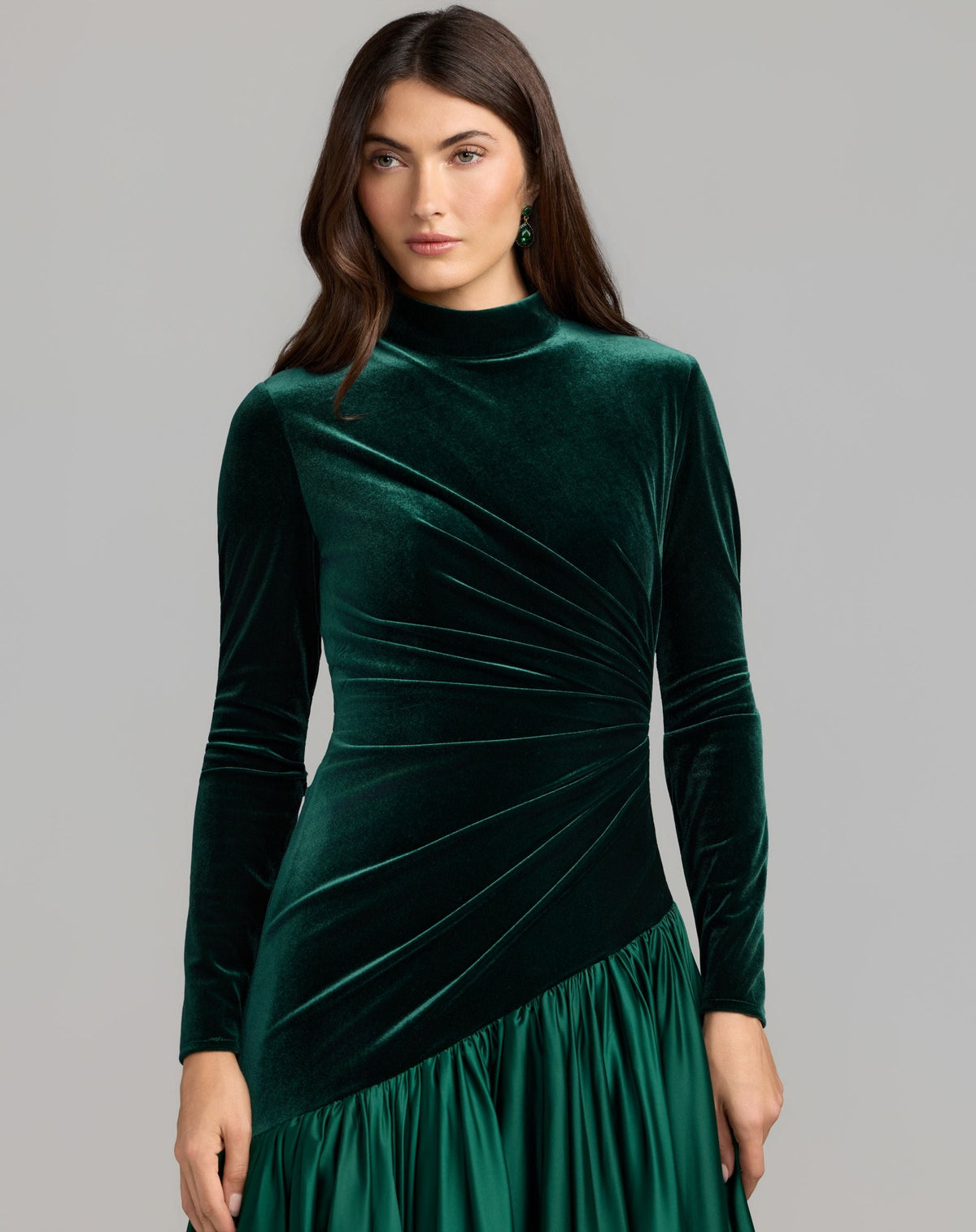 Mac Duggal Velvet Long Sleeve Mock Neck Charmeuse Skirt Gown Duggal