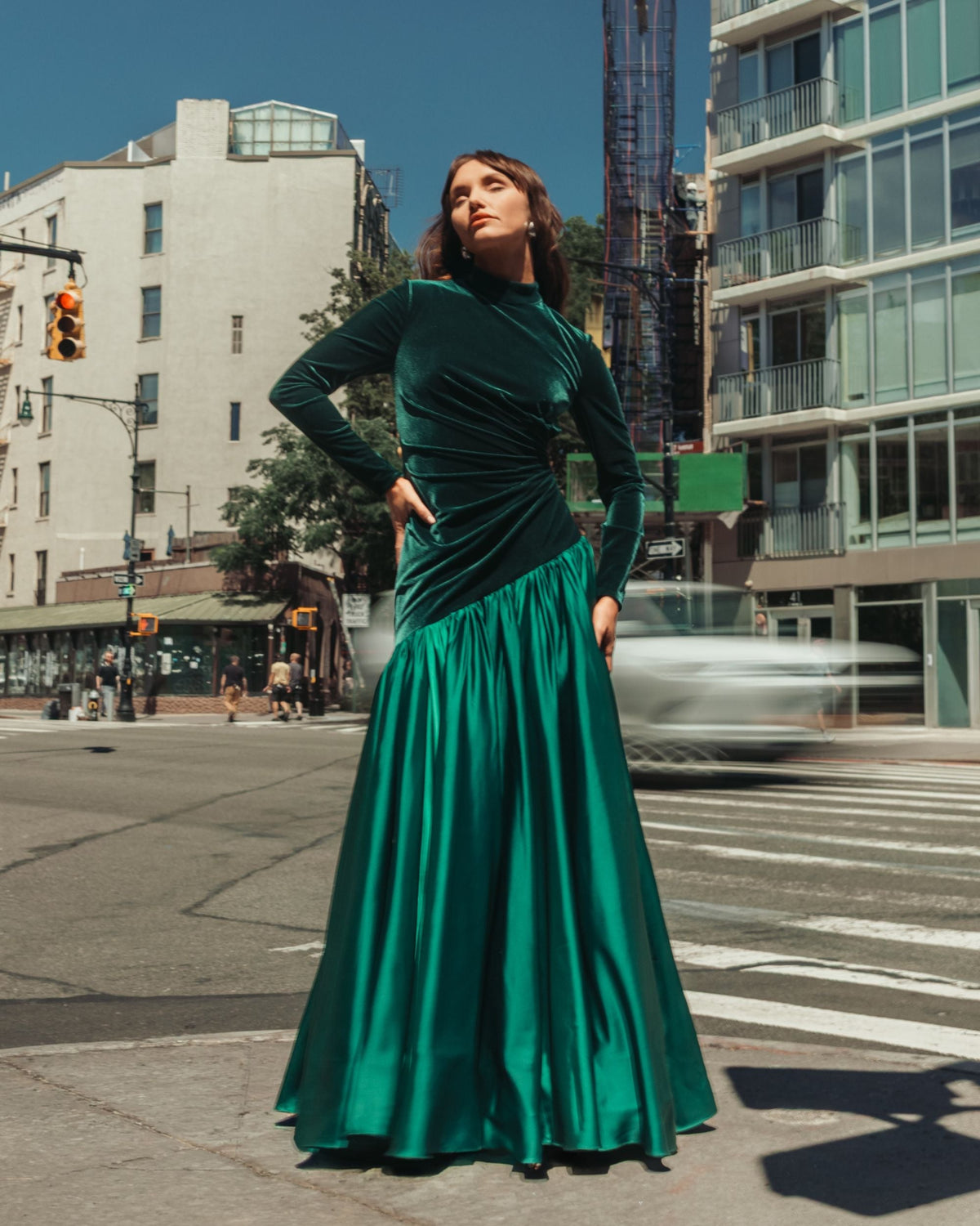 Mac Duggal Velvet Long Sleeve Mock Neck Charmeuse Skirt Gown Duggal