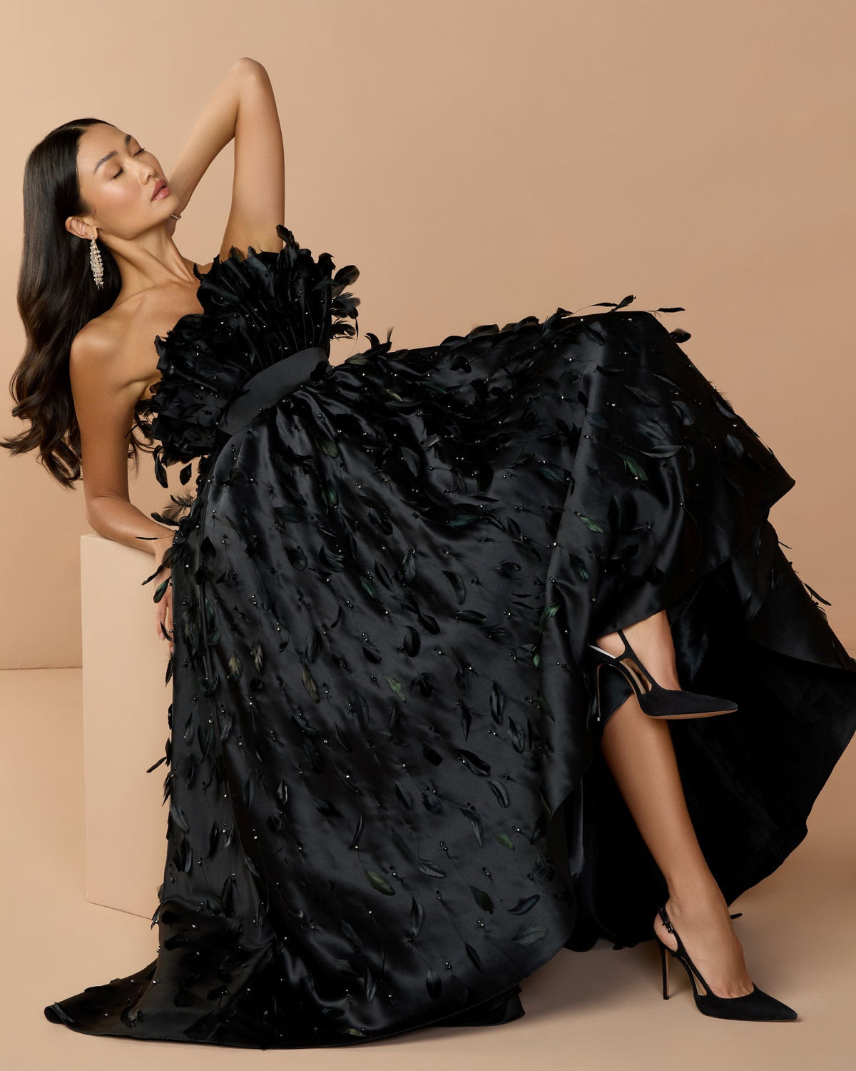 Mac Duggal Black Strapless Feather Embellished Satin High Low Gown