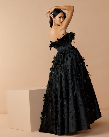 Mac Duggal Black Strapless Feather Embellished Satin High Low Gown