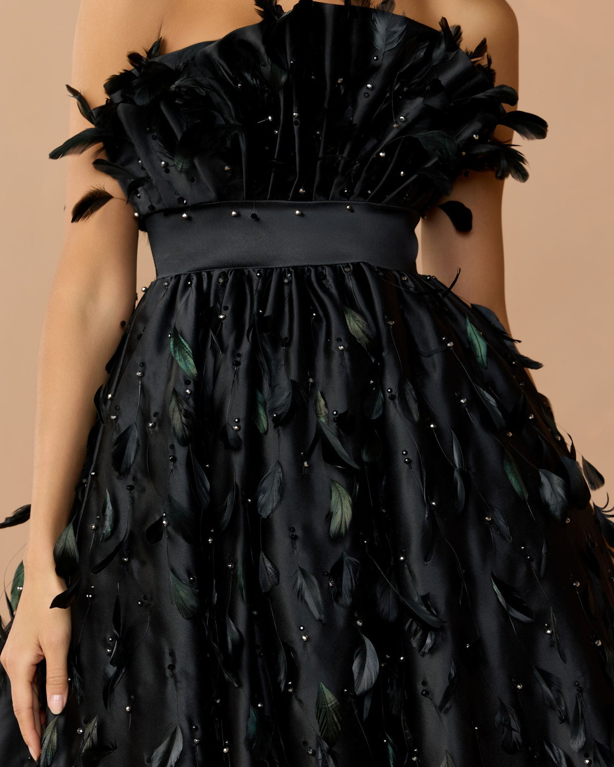 Mac Duggal Black Strapless Feather Embellished Satin High Low Gown