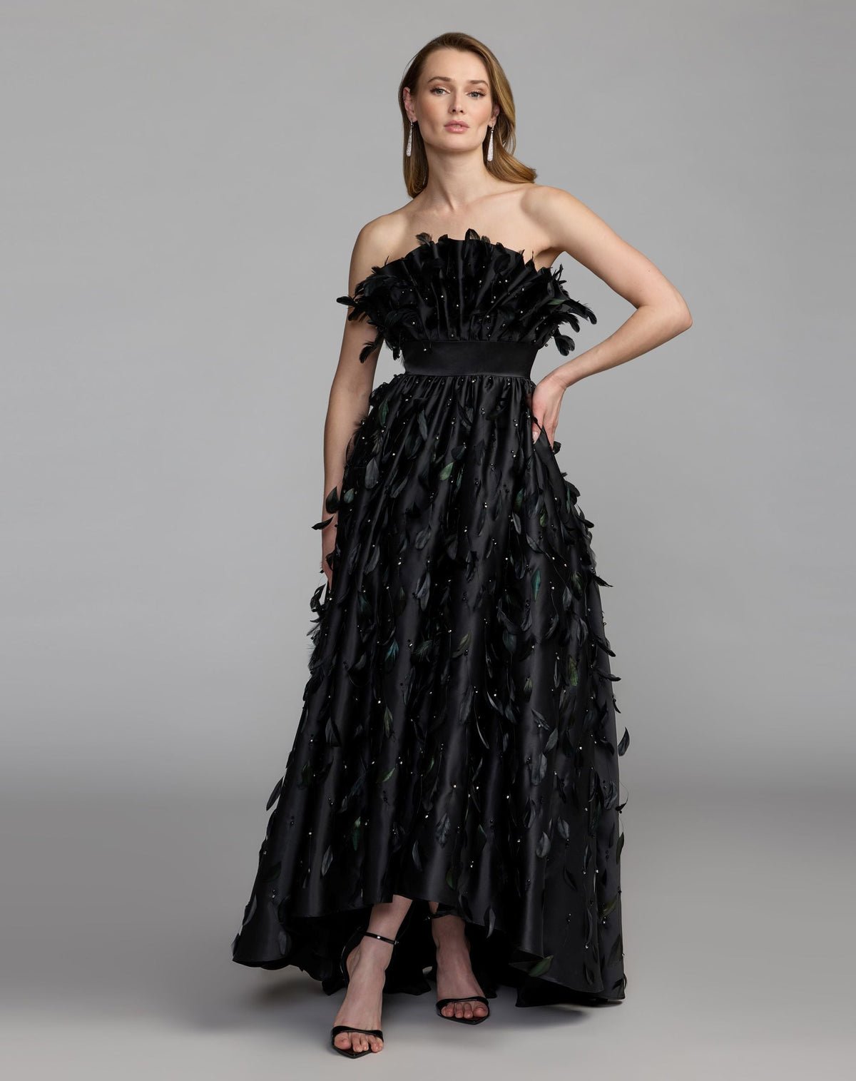 Mac Duggal Black Strapless Feather Embellished Satin High Low Gown