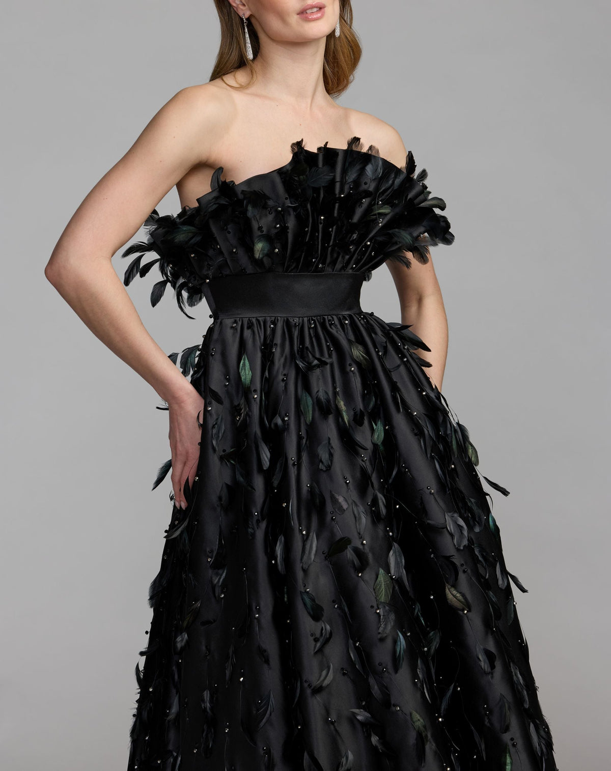 Mac Duggal Black Strapless Feather Embellished Satin High Low Gown